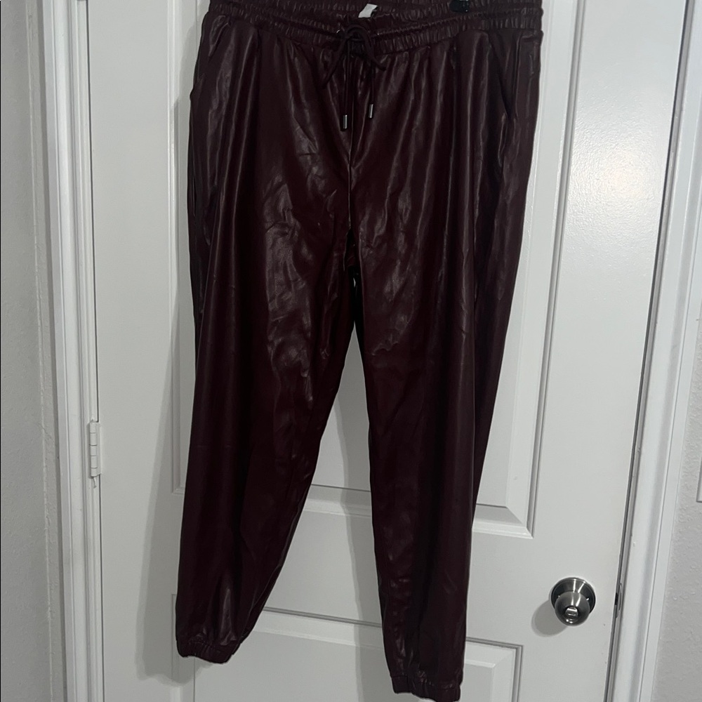 Burgundy Faux Leather Jogger Pants